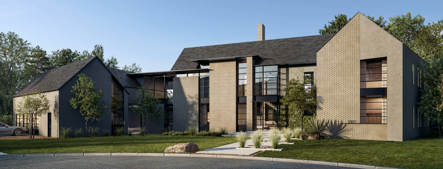 Two story house 3d rendering showcasing a minimalist residence with brick and stucco exterior, clean lines, and large vertical windows.